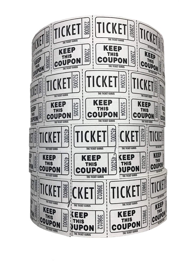 The Ticket Gurus-Raffle Tickets - 4 White Rolls of 2000 Double Tickets- 8,000 Total 50/50 Raffle Tickets